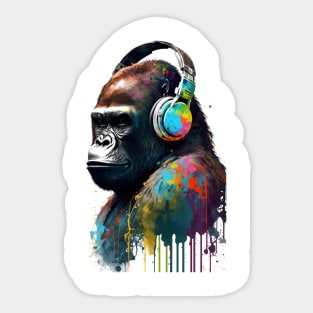 Gorilla Listening to Music on Headphones Painting Sticker